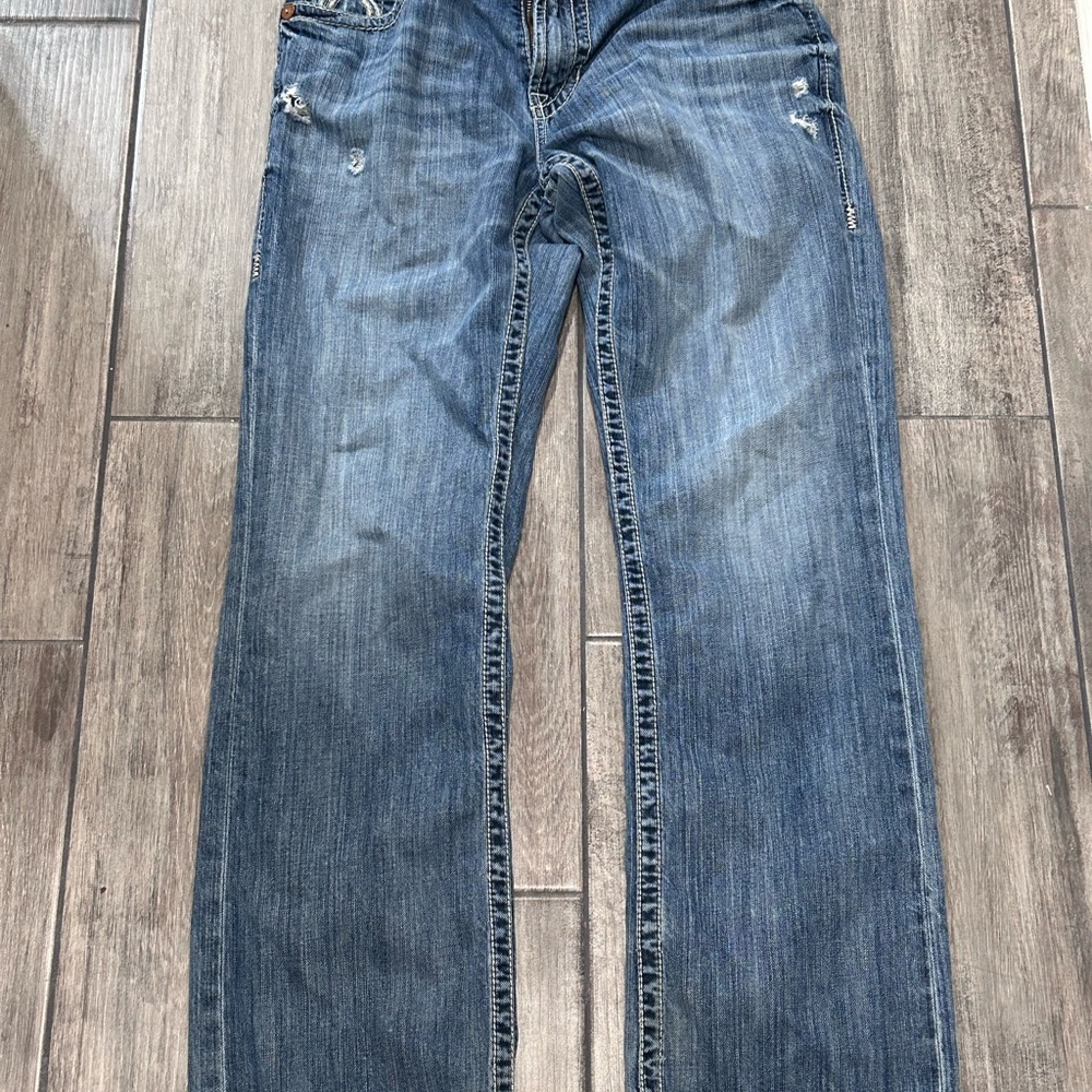 Big Star Blue Relaxed Jeans with Distressing and Contrast Stitching